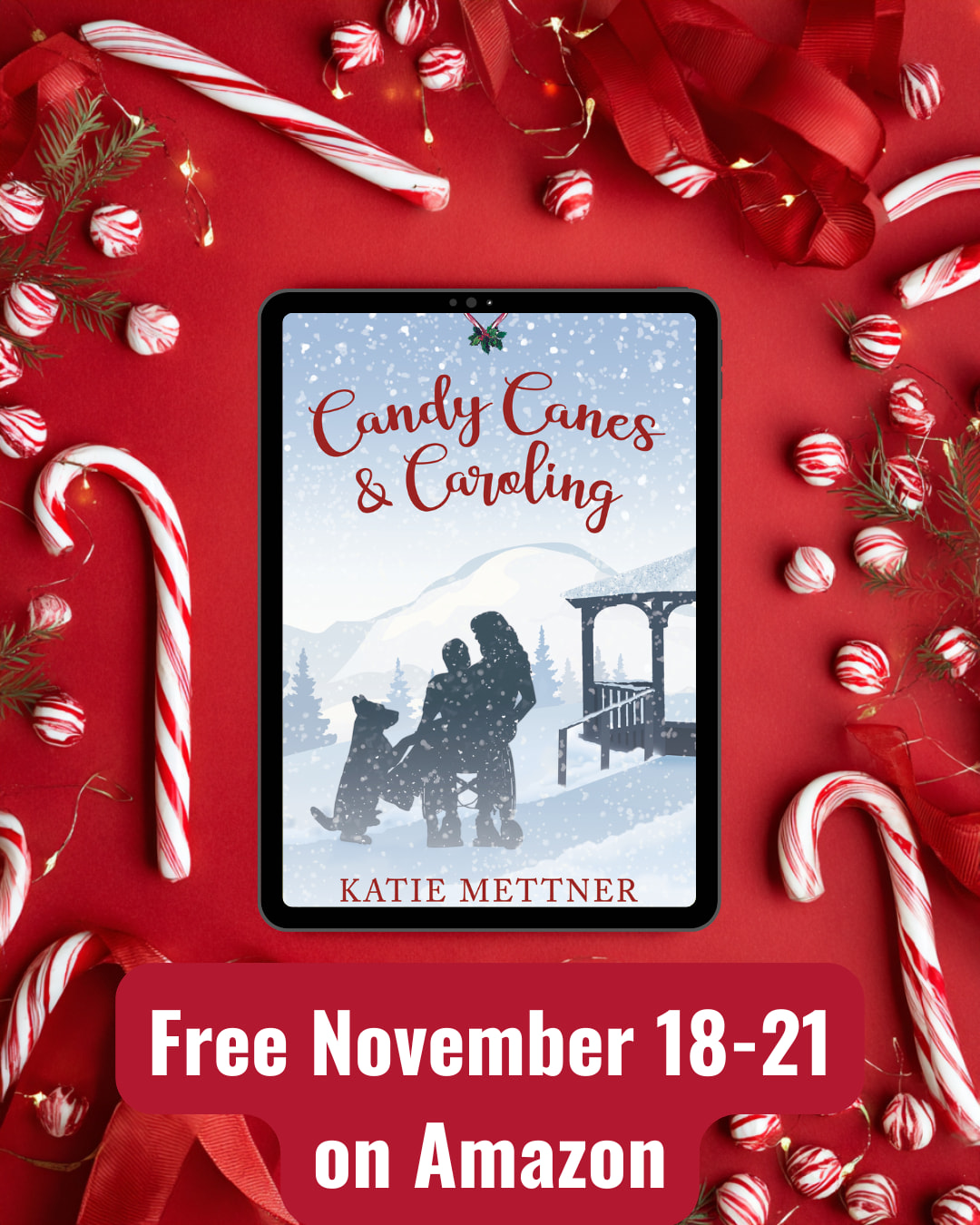 The background is blue with the word giveaway on repeat in green. In the center is a 3D kindle and paperback of Tacos & Toboggans by katie Mettner